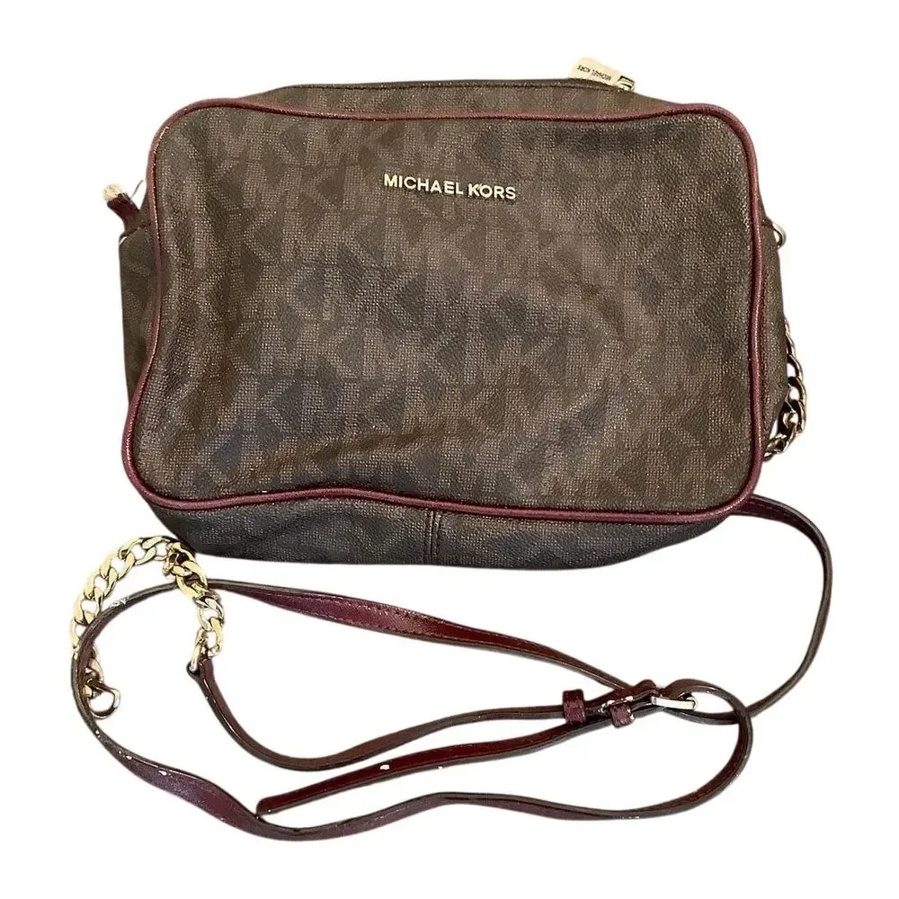 Michael Kors Brown Jet Set MK Signature Monogram Crossbody Bag Designer P8-2